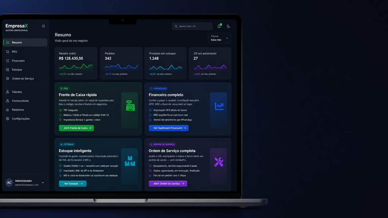 Sistema CS TECH - módulos PDV, Financeiro, Estoque e Ordem de Serviço